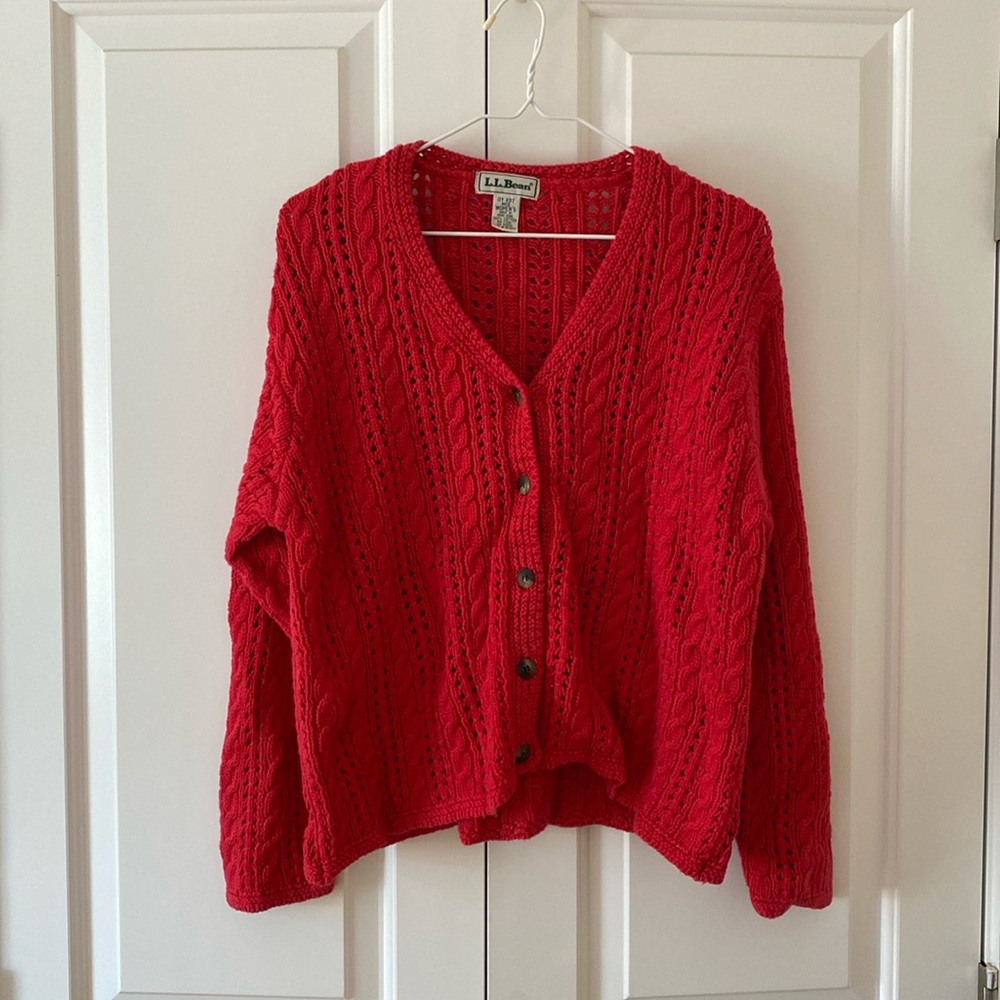 Vintage LLBean Red Cotton Knit Cardigan Sweater Size M Hong Kong